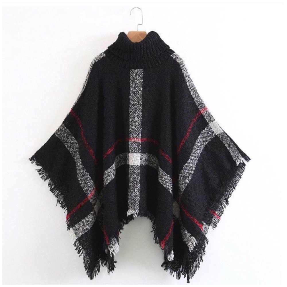 SOLD OUT CLEARANCE Black Plaid Turtleneck Cape Poncho Knit Sweater - Picture 2 of 2